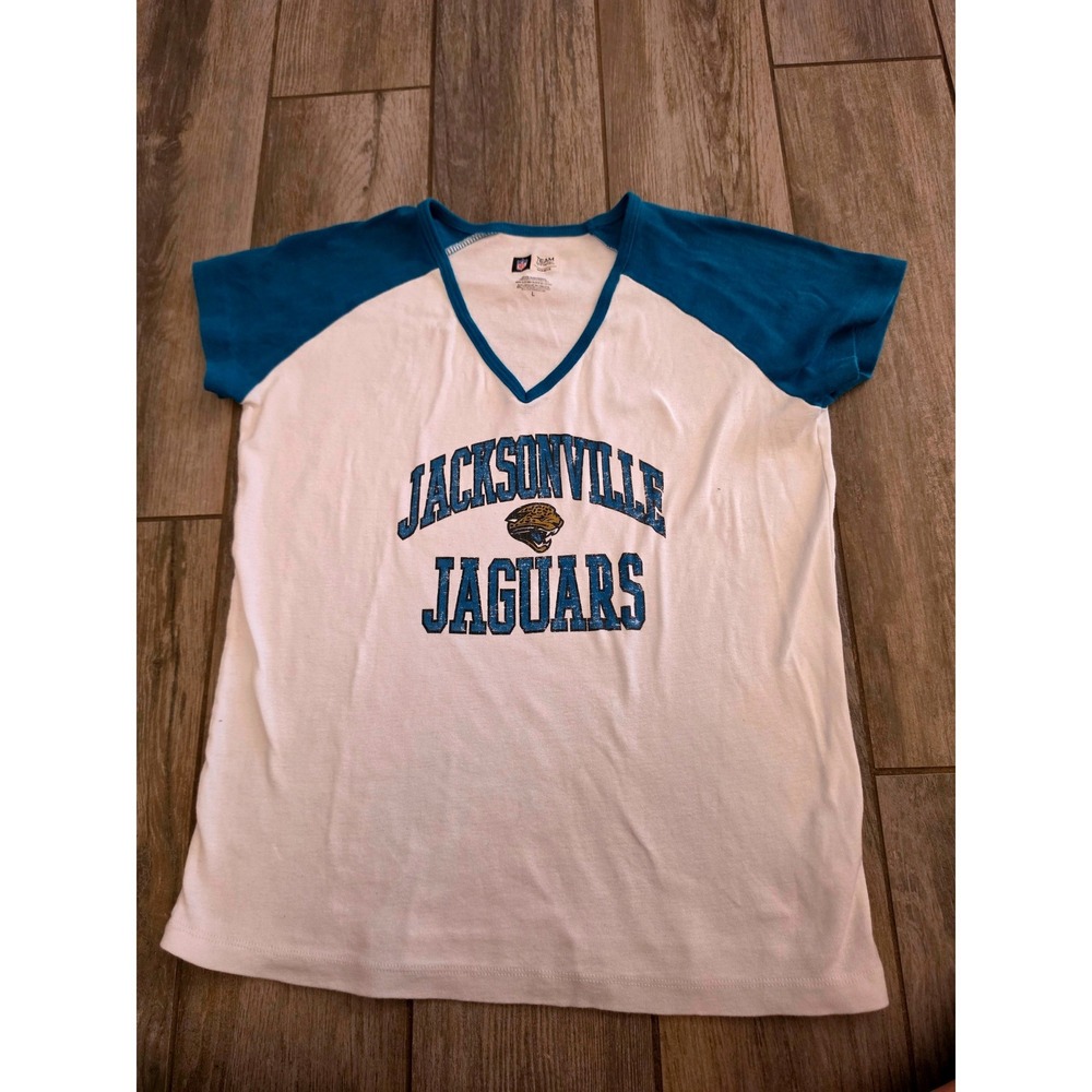NFL Team Apparel Jacksonville Jaguars Womens T-Shirt Large White Teal Raglan
